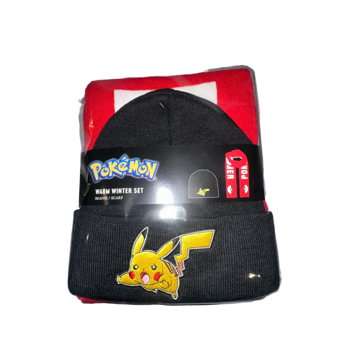 Pokémon Pikachu and Poké Ball beanie and scarf set front