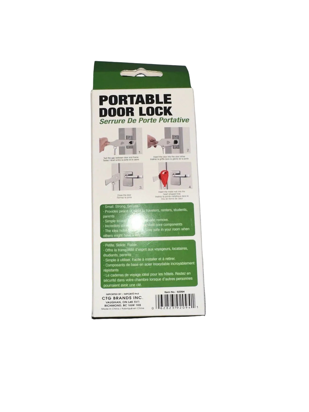 Portable door lock back instructions and barcode