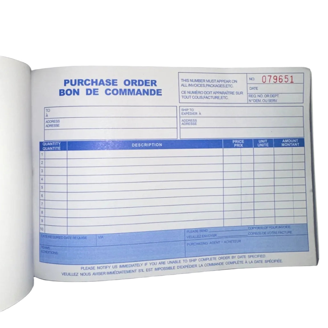 Inside page of Selectum Purchase Order Book