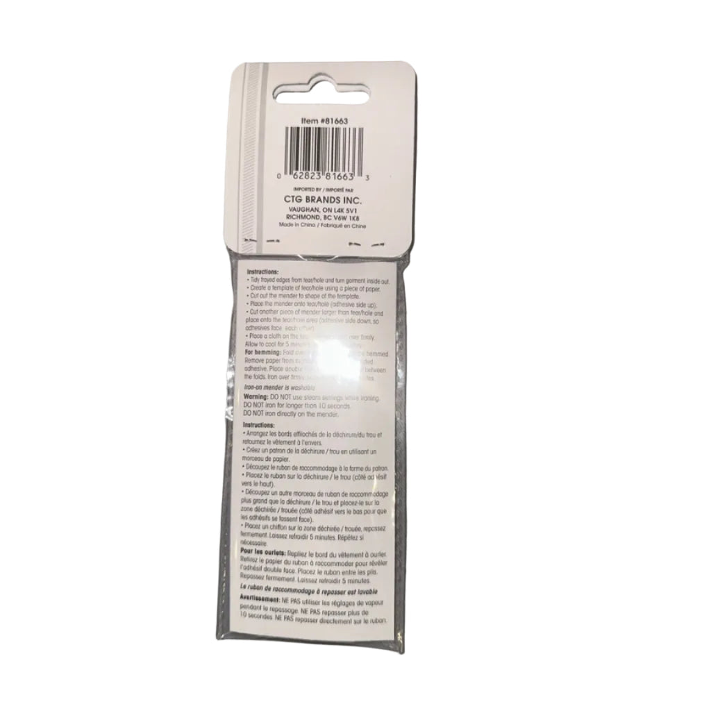 Sewing Essentials iron-on menders back instructions and barcode