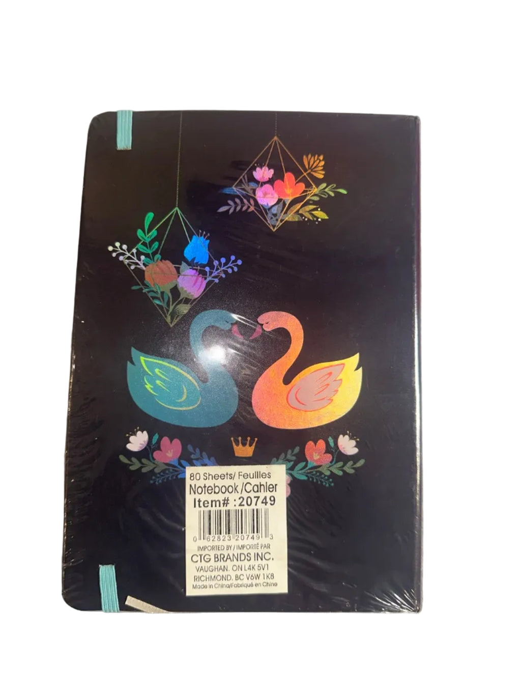 Save the Date swan notebook back with item label and barcode