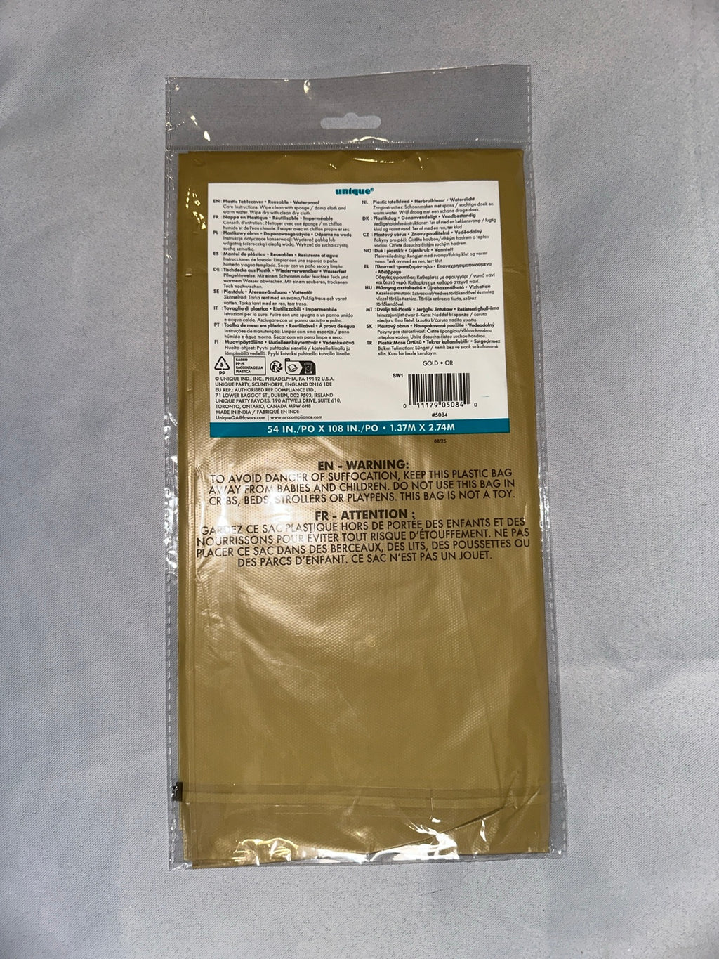 Unique gold rectangular plastic table cover back with barcode