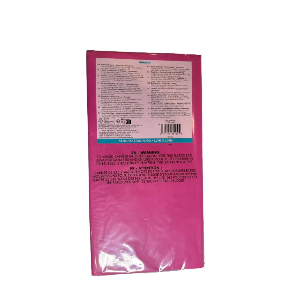 Unique Party neon pink rectangular plastic table cover back package with barcode