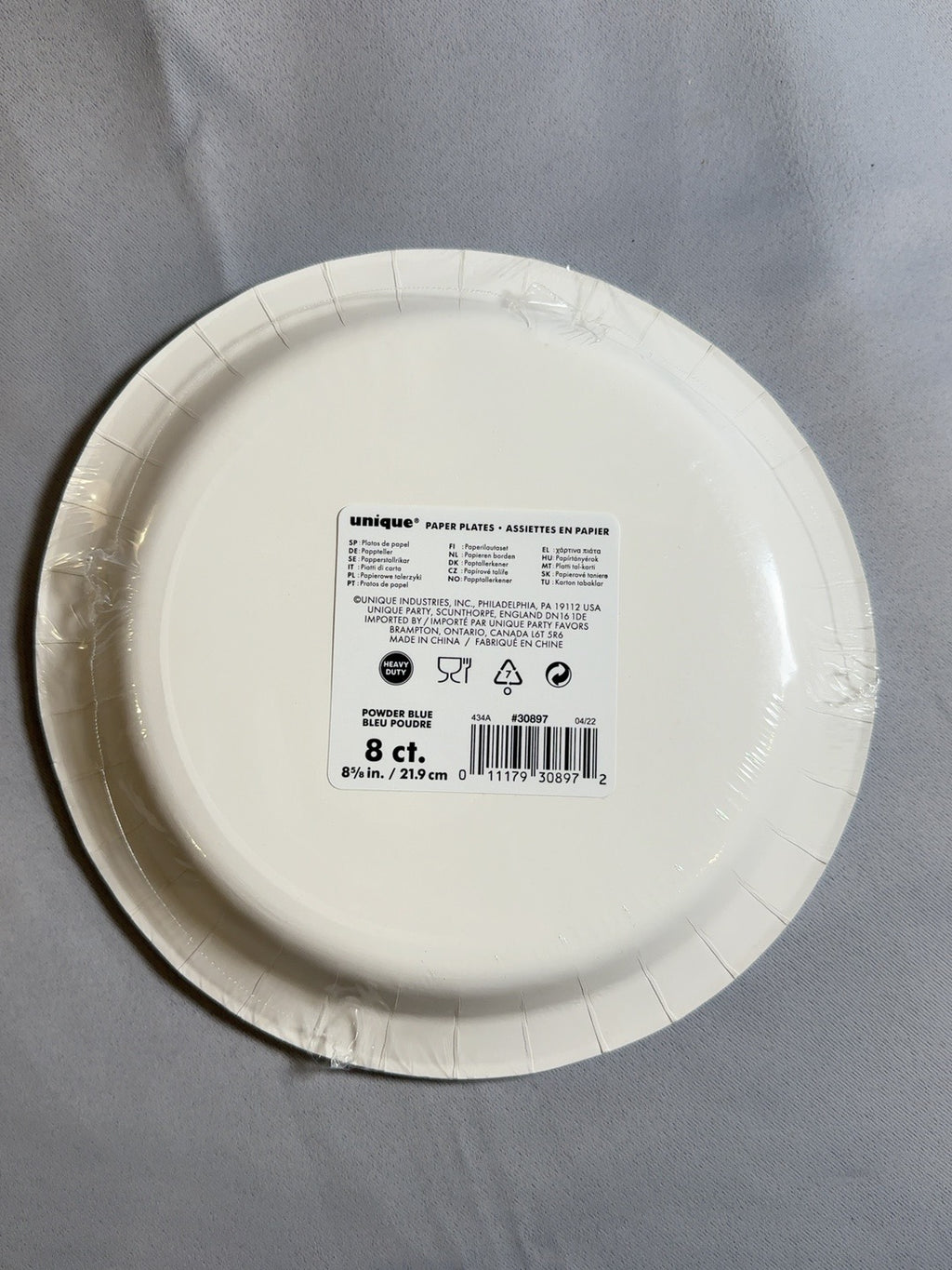 Unique Party powder blue paper plates back label with barcode