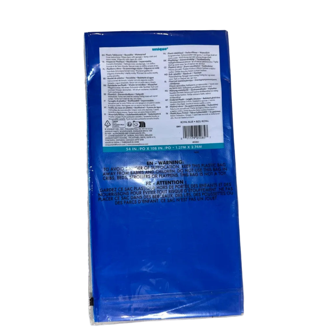 Unique royal blue rectangular plastic table cover back with barcode