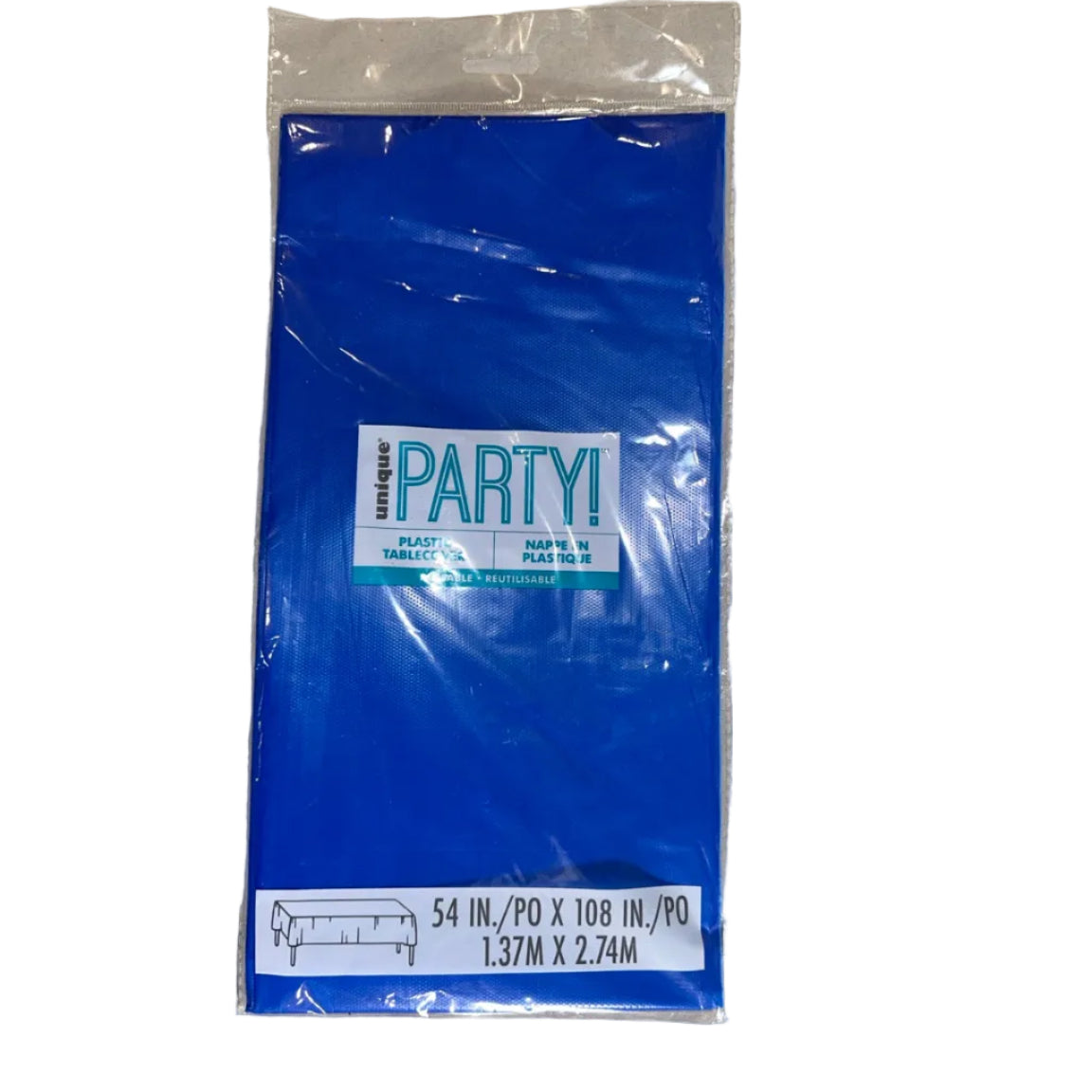 Unique royal blue rectangular plastic table cover front