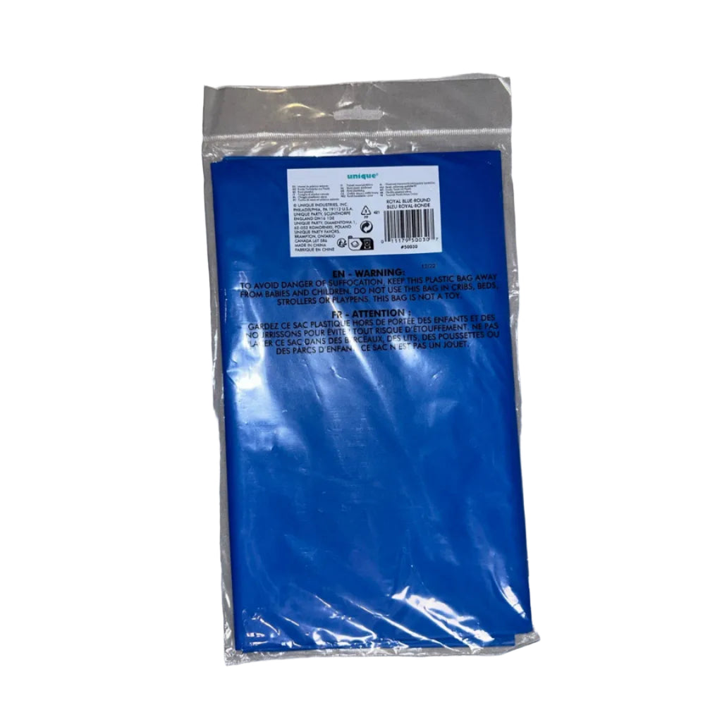 Unique royal blue round plastic table cover back with barcode