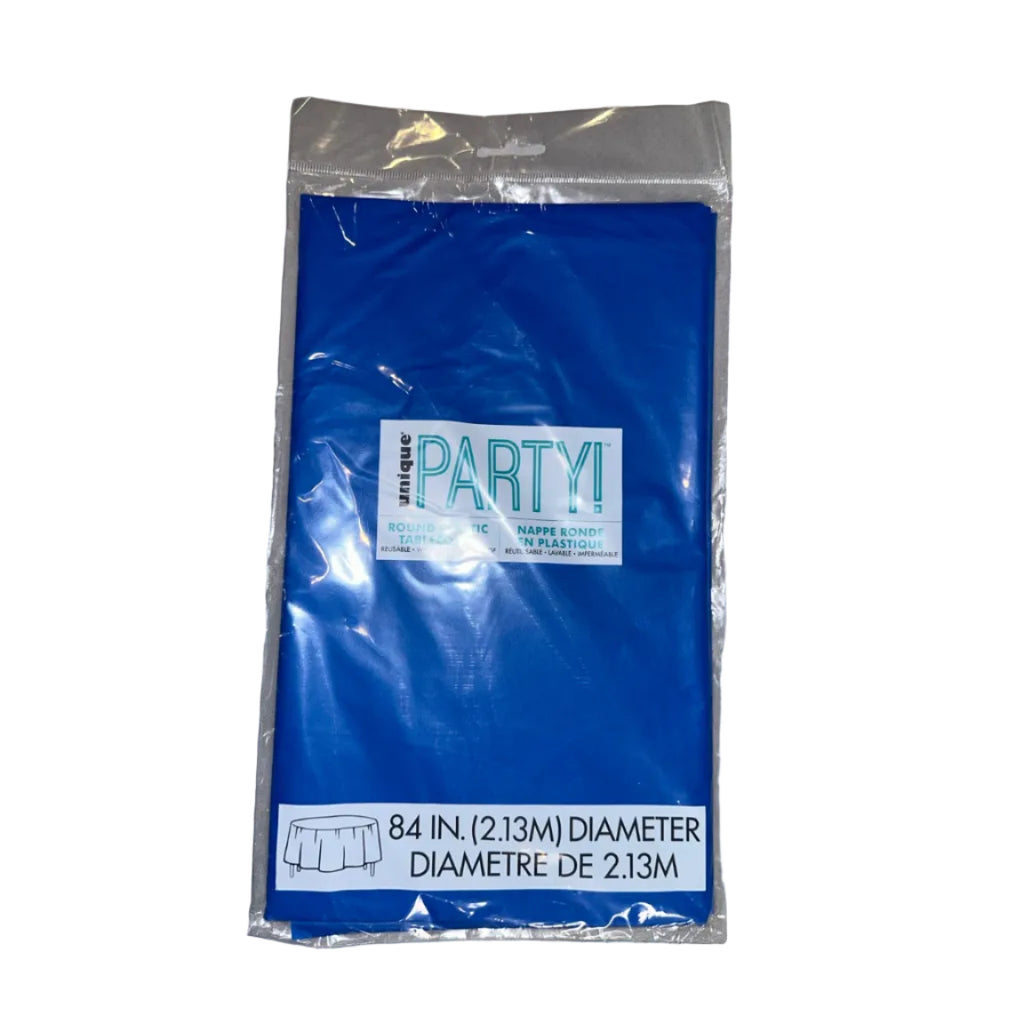 Unique royal blue round plastic table cover front