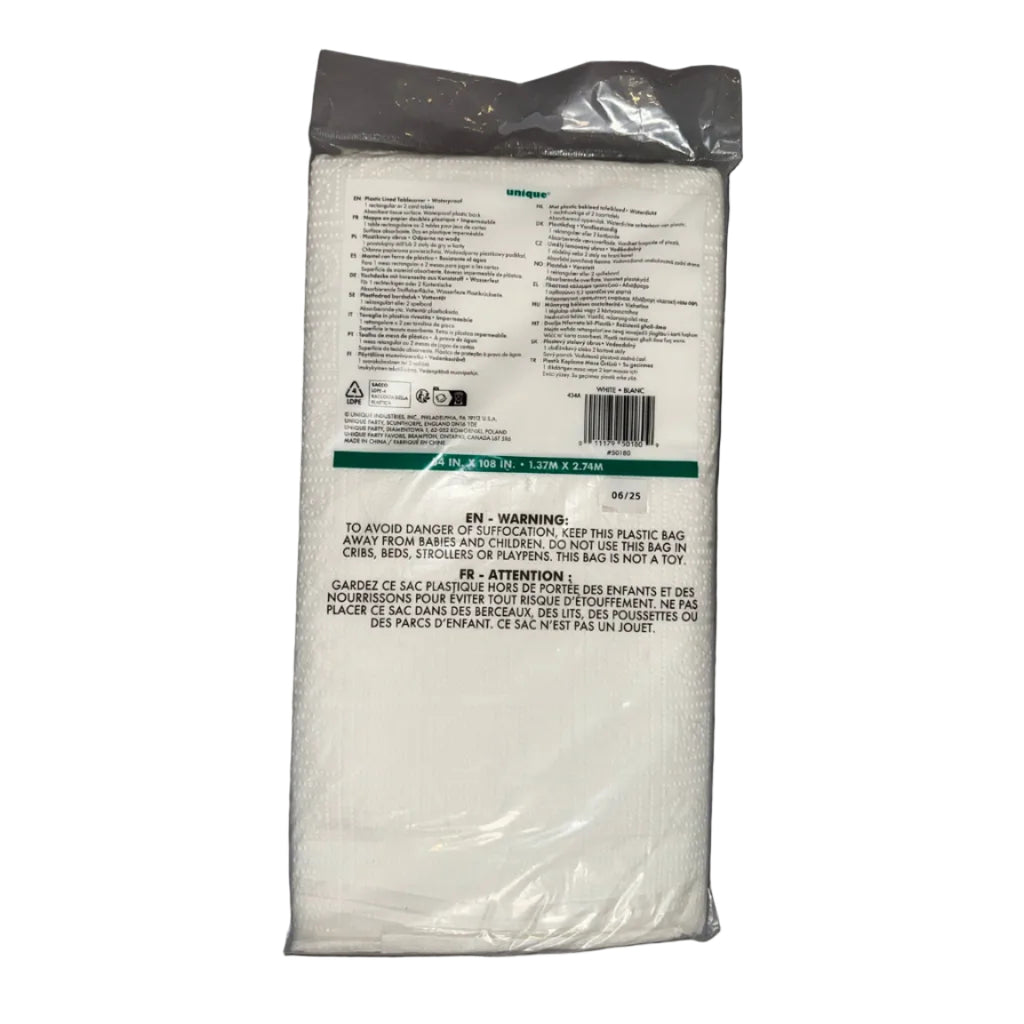 Unique white paper plastic-lined table cover back with barcode