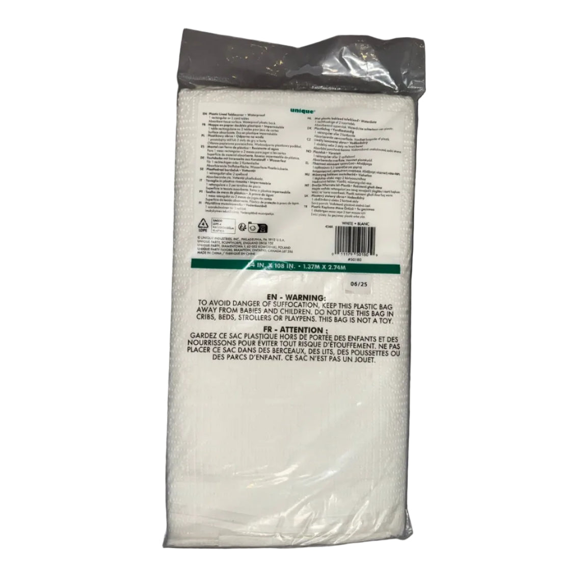 Unique white paper plastic-lined table cover back with barcode