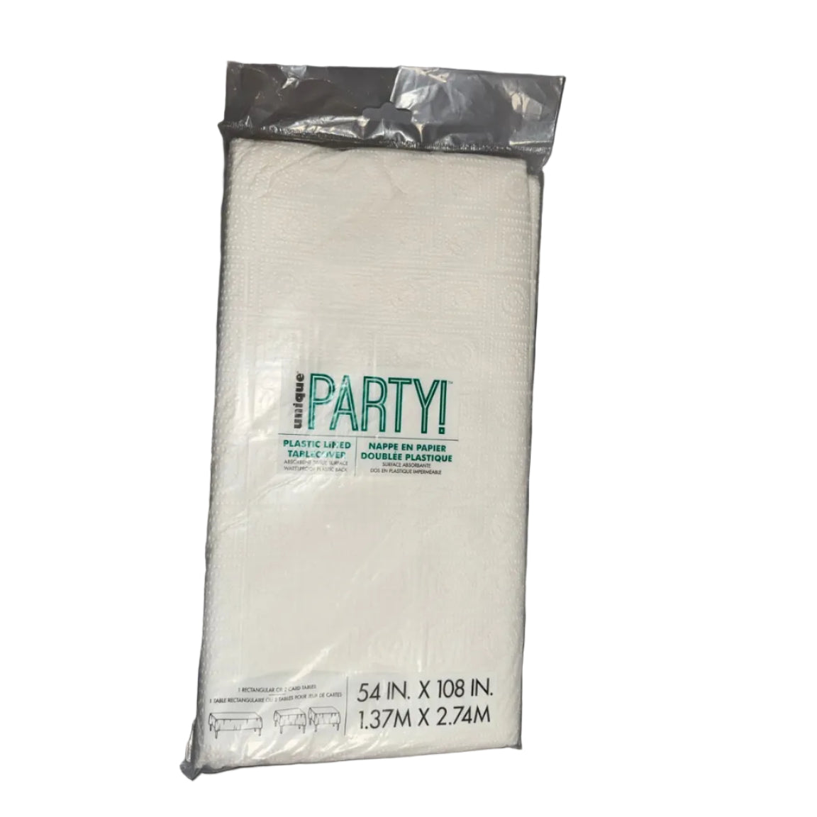 Unique white paper plastic-lined table cover front