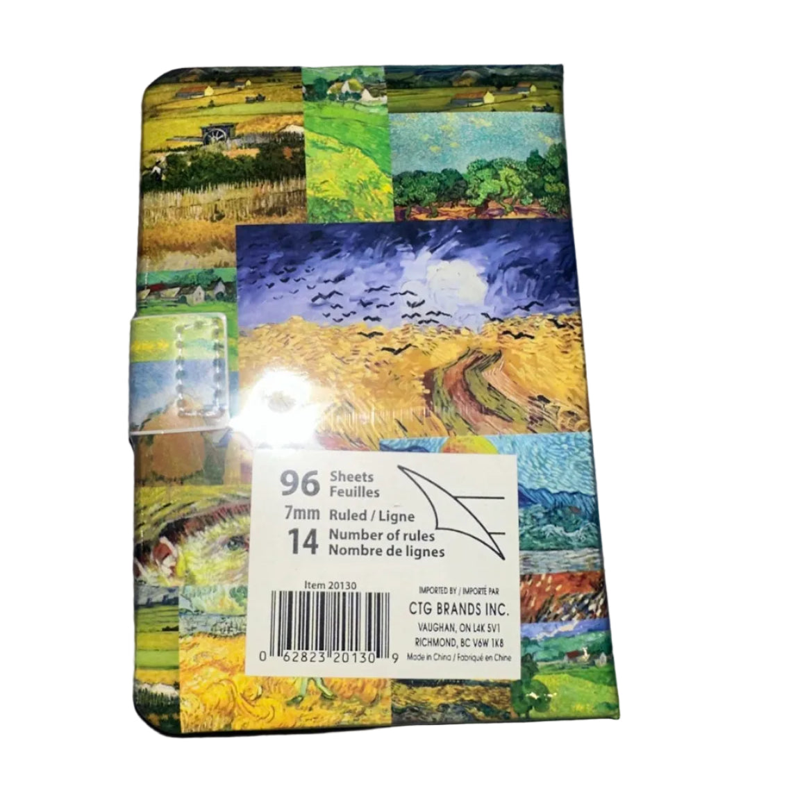 Van Gogh art collage notebook back with item 20130 and UPC 062823201309