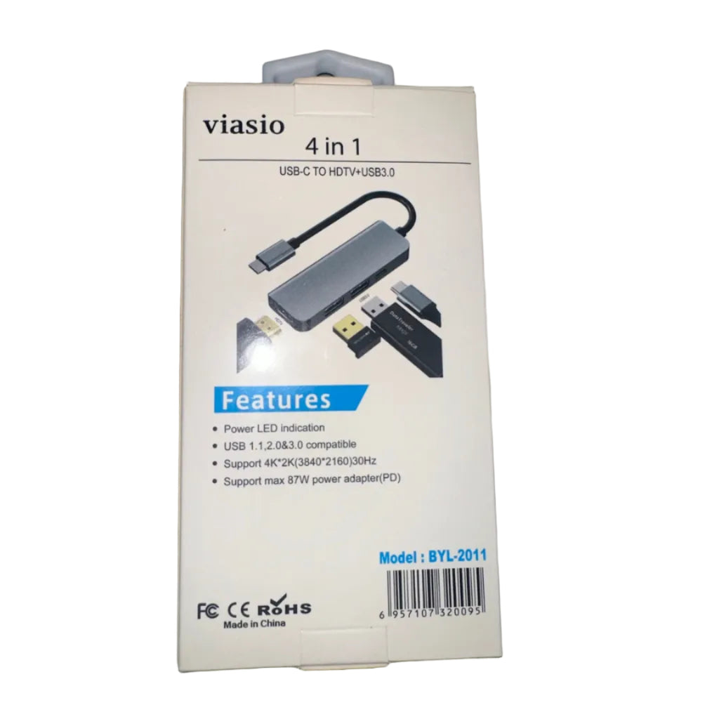 Viasio USB-C 4-in-1 adapter back packaging with specifications and barcode