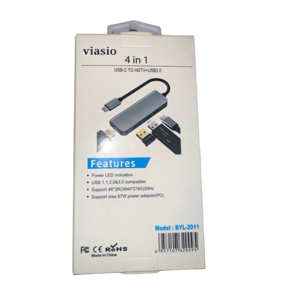 Viasio USB-C 4-in-1 adapter back packaging with specifications and barcode